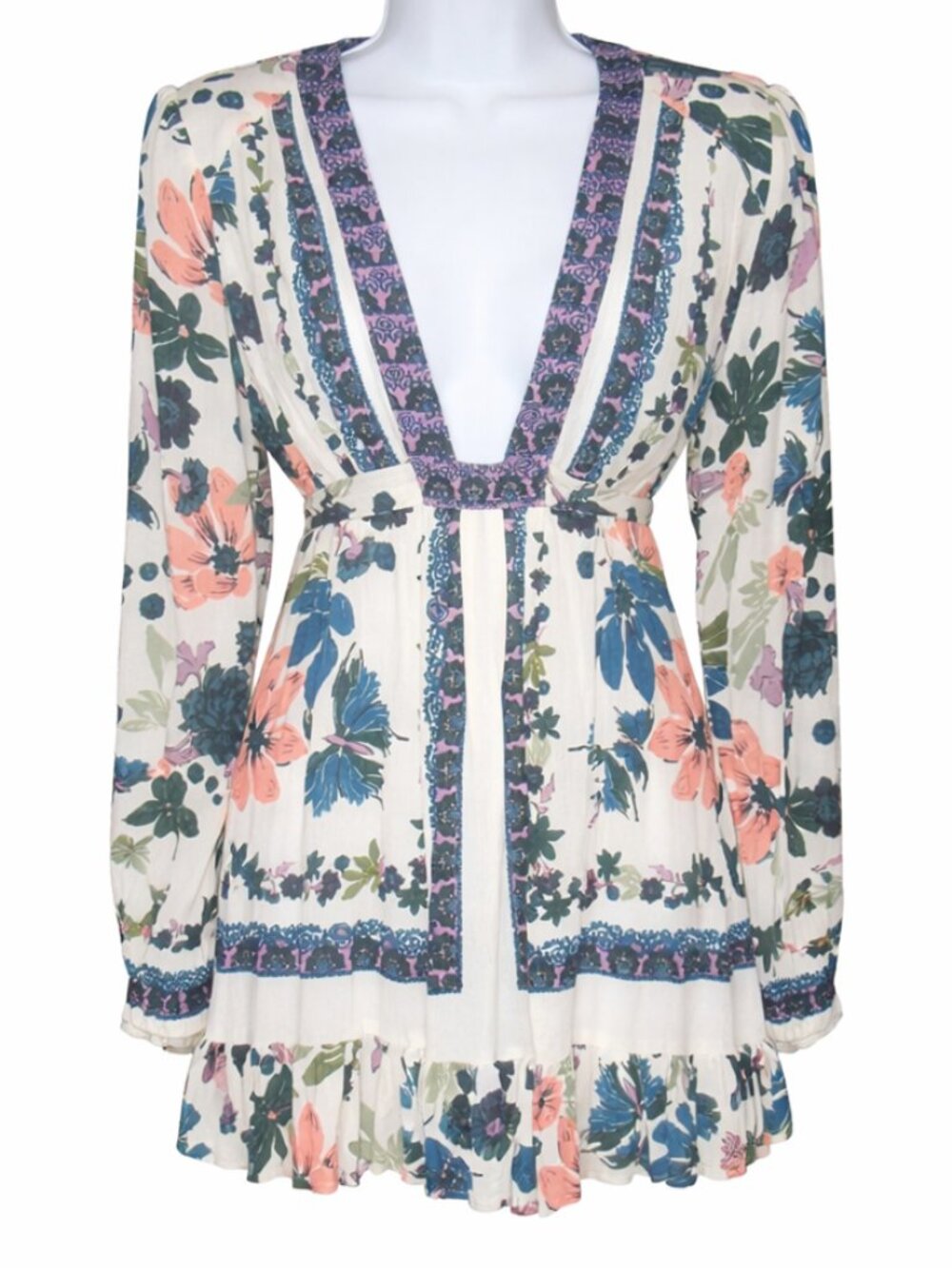 NWT Free People Ivory Floral Border Print Deep V Mini Dress | Size 2 - Picture 2 of 11